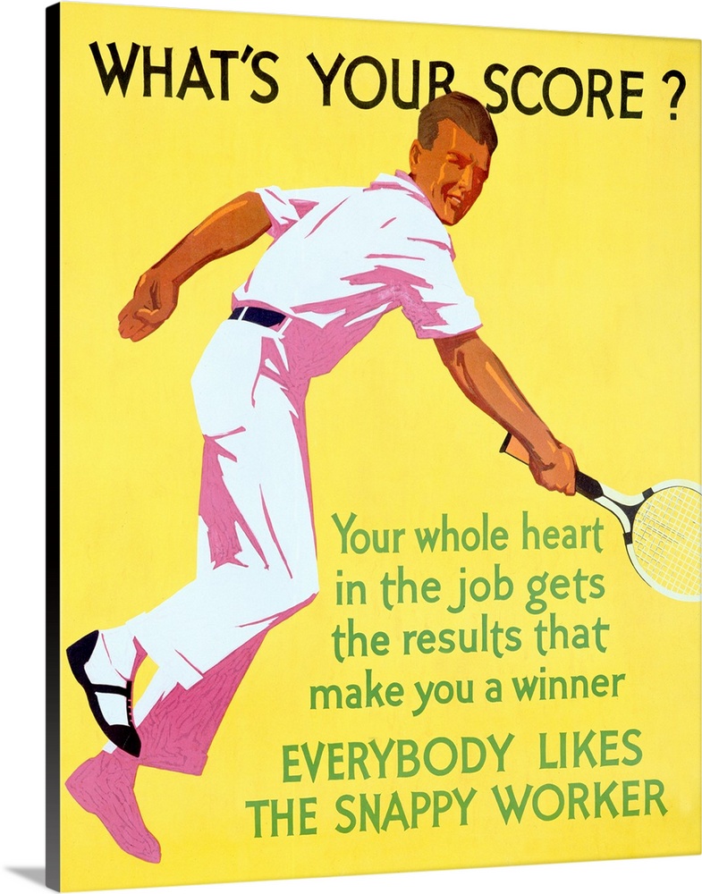 An old poster advertisement for tennis with a man hitting a ball with a racket on a bright background.