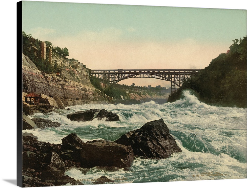 Hand colored photograph of whirlpool rapids, looking up Niagara.