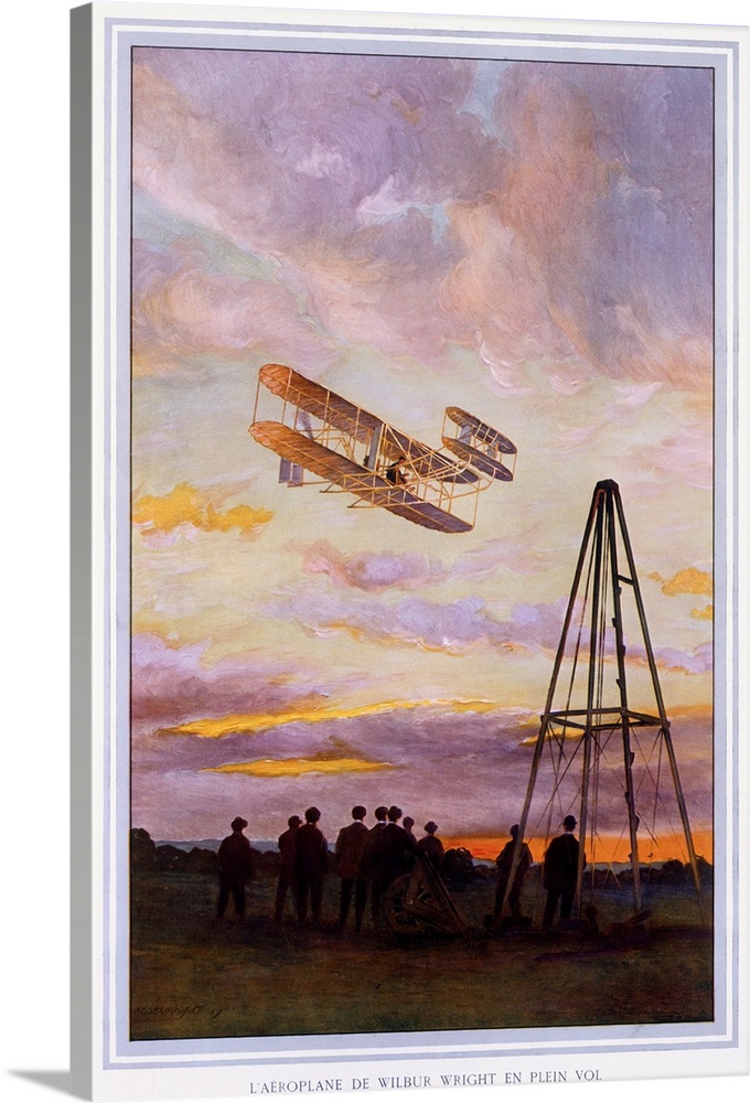 Big, vertical, vintage wall hanging of Wilbur Wright Aviation.  A group of people look upward at a biplane in the sky, as ...
