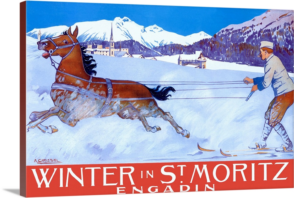 Vintage advertisement for winter in St. Moritz with a man on skis being pulled by a horse in front of a chalet.