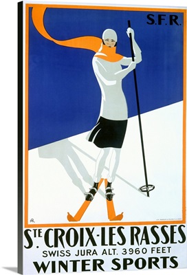 Woman Skiing, Ste. Croix, Les Rasses, Vintage Poster