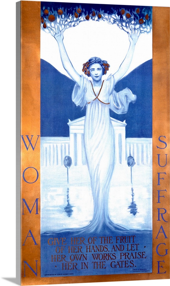 Oversized, vertical vintage poster for woman suffrage, of a woman in a flowing gown that twists into the ground looking li...