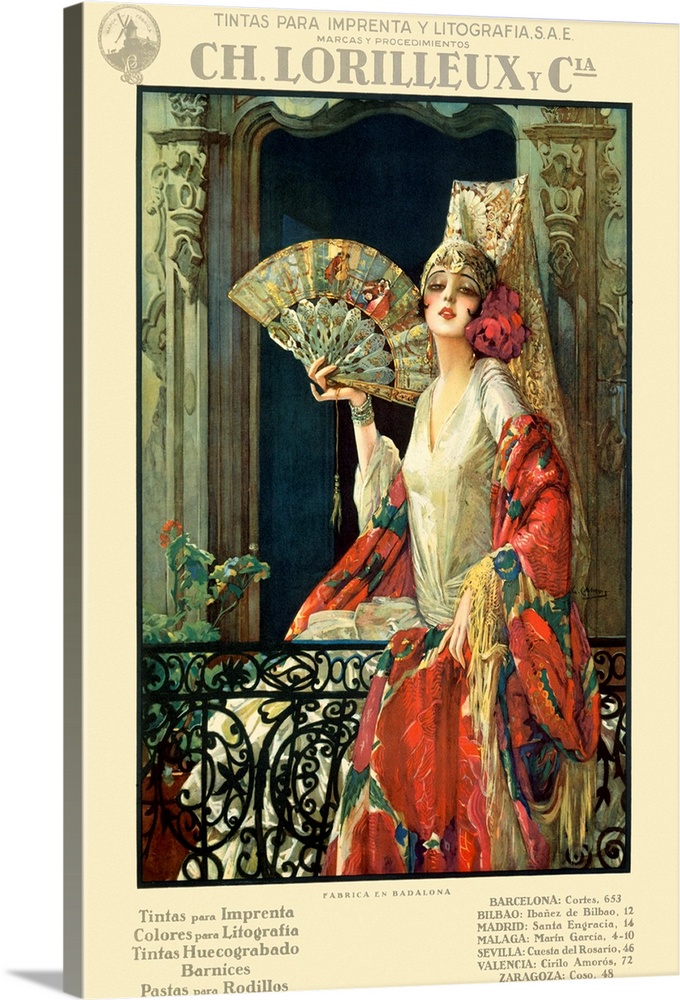 Vertical, vintage artwork on a big canvas of a woman holding a detailed fan while seated, dressed in a white dress with a ...