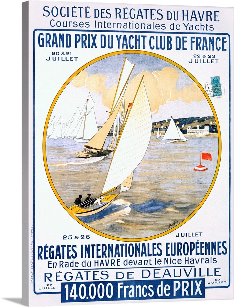 Vintage French poster advertising the Grand Prix du Yacht Club de France with sailboats racing around buoys in the backgro...