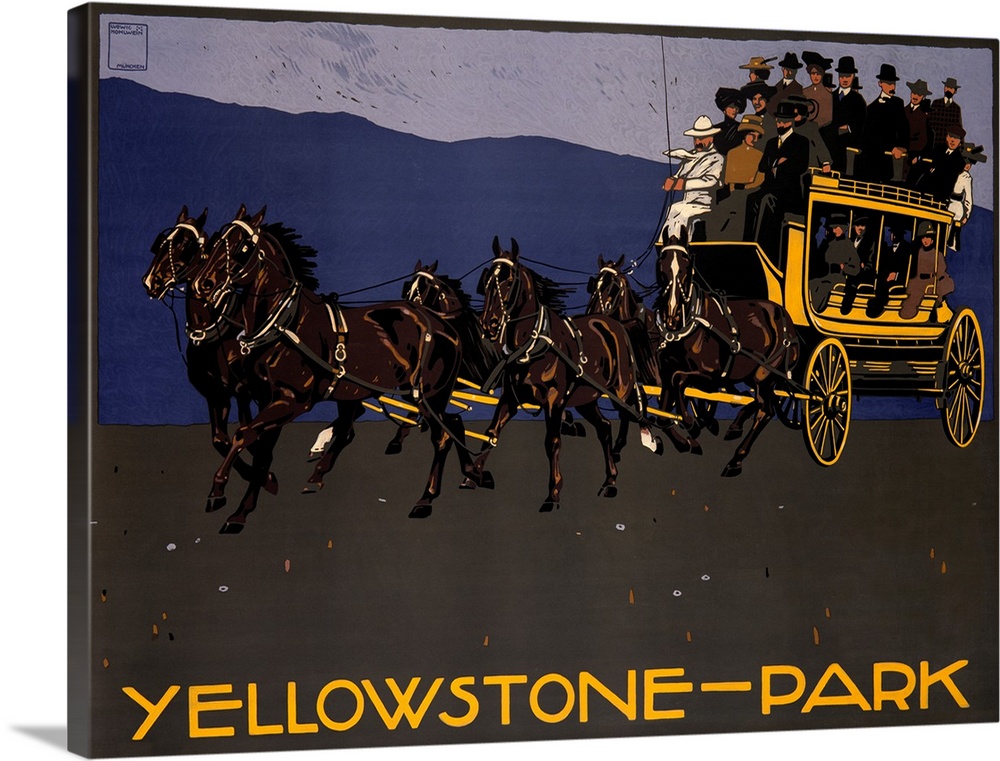 Old advertising print for U.S. National park that extends into Wyoming, Montana, and Idaho with the image of a horse drawn...
