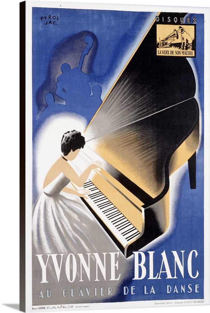 Portrait vintage advertisement on a big wall hanging for jazz pianist, Yvonne Blanc.  An illustration depicting her in a f...