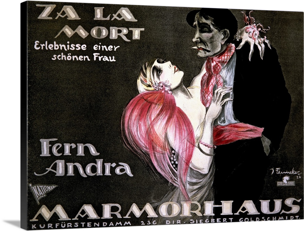 Vintage advertisement for the Marmorhaus theatre in Berlin, featuring a woman in an evening dress and a feathered hairpiec...