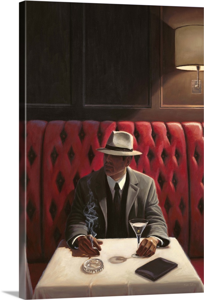 Contemporary painting of a man at a restaurant looking sideways.
