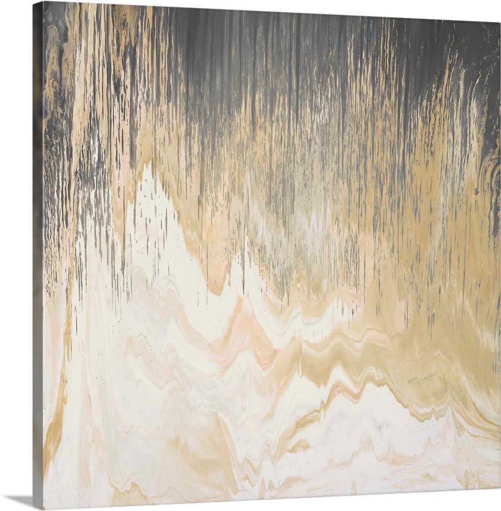 Contemporary abstract painting of a dark brown color transitioning to a light golden brown streaming down against a white ...
