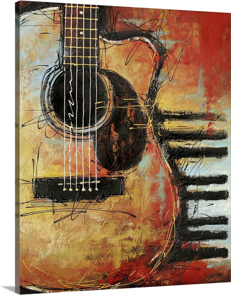 Contemporary painting of a guitar with piano keys in the background.