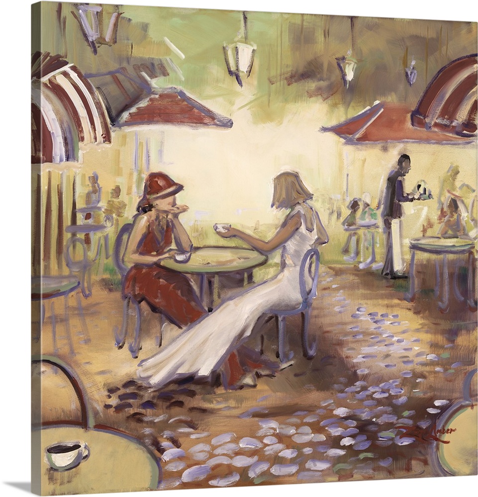 Contemporary artwork of two women in dresses sitting at a cafe.