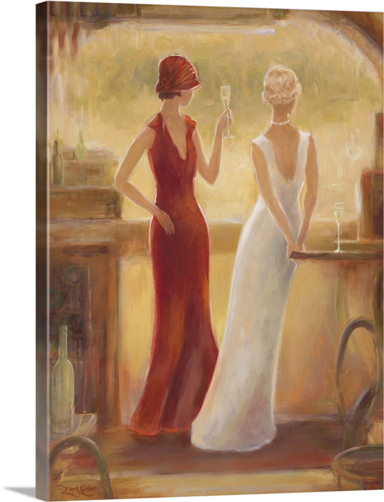 Contemporary artwork of two women having an afternoon cocktail.