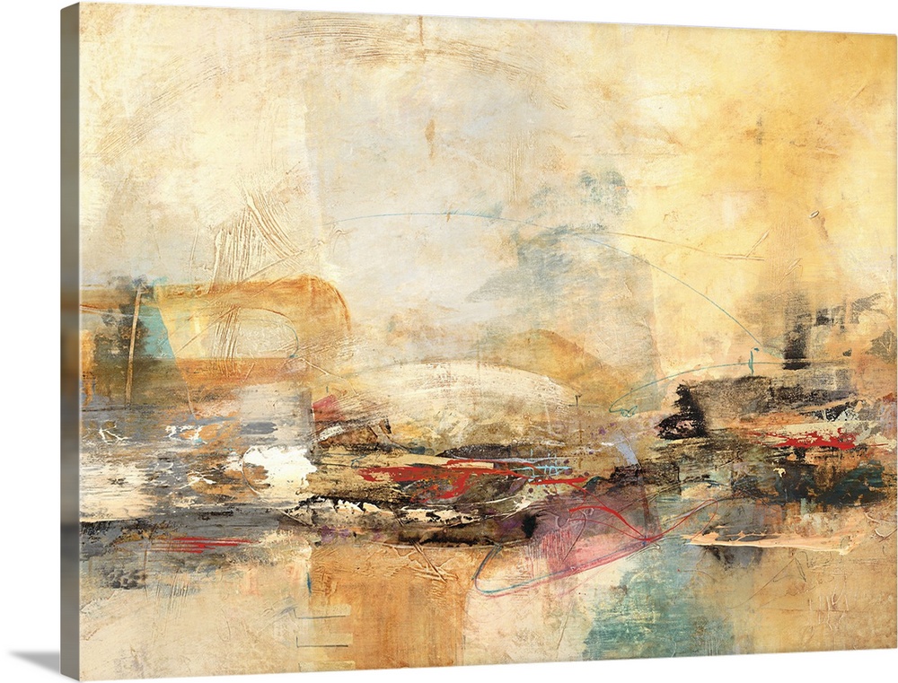 Contemporary abstract art print in earthy shades of orange and grey with heavy brush textures.