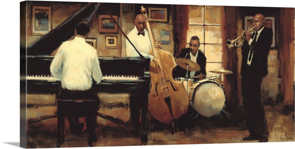 Contemporary painting of a group of jazz musicians, including a trumpet plater, a drummer, a bassist, and a pianist.