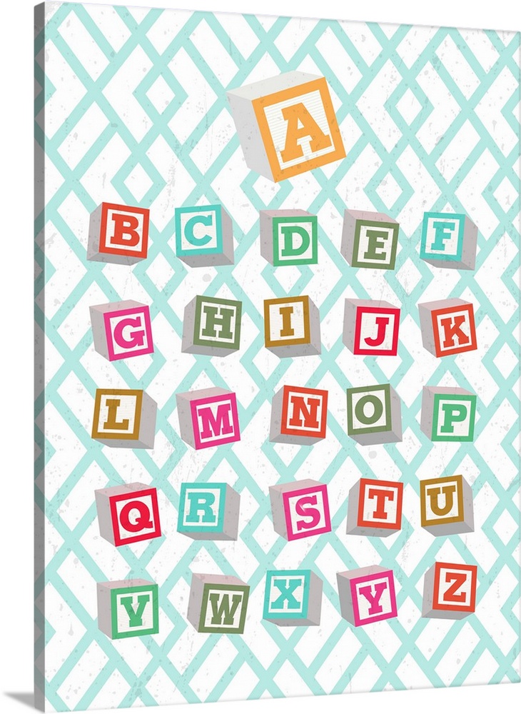 Nursery room artwork of the alphabet written in toy blocks.