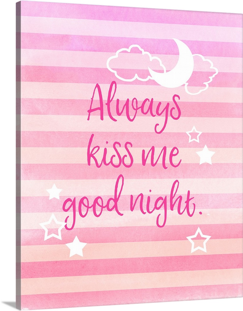 Nursery artwork of the moon and stars on a pink striped background.