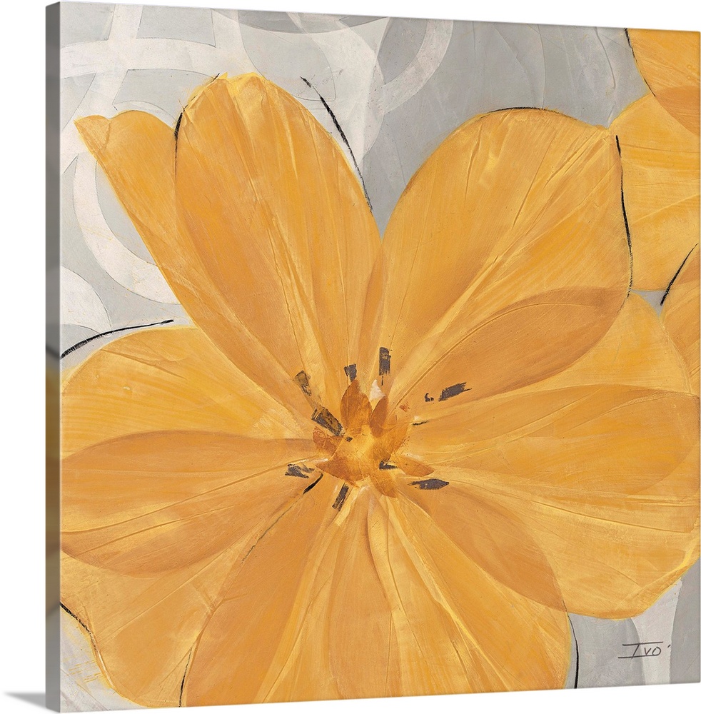 Decorative artwork of a cheerful orange flower on a grey background.