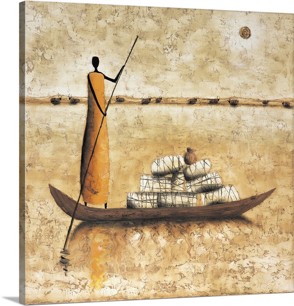Contemporary painting of a figure standing on a boat moving supplies on the river.