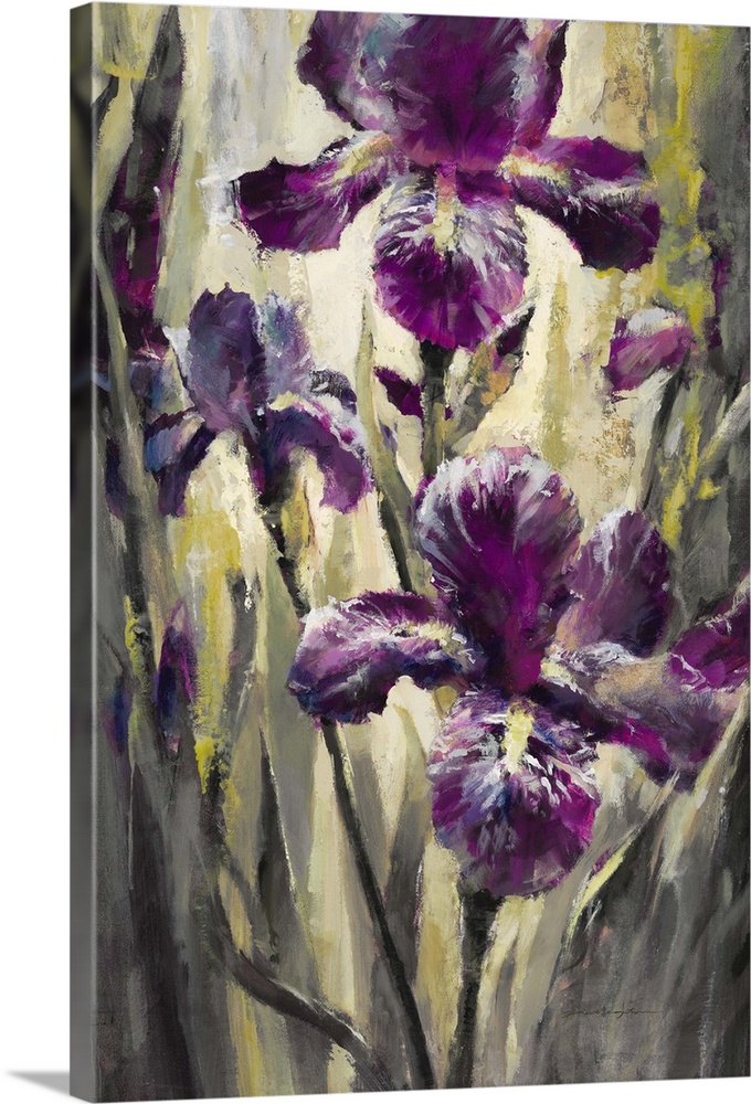 Contemporary painting of vibrant purple iris flowers.