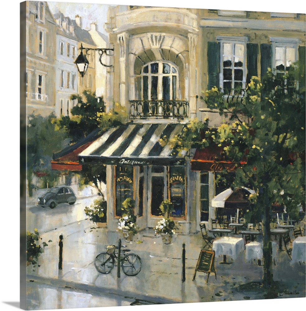 Contemporary painting of a city street corner antique shop.