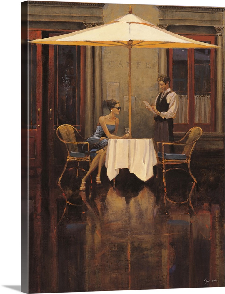 Contemporary painting of a woman sitting at a table outside a bistro looking to her left.