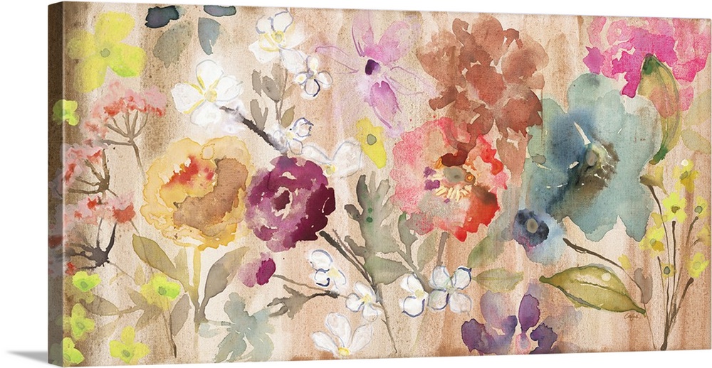 Watercolor artwork of a variety of blooming flowers in warm shades of pink and red.