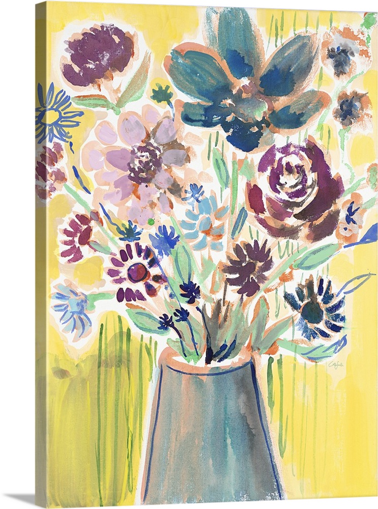 Painting of a bouquet of pink and blue flowers in a tall blue vase.