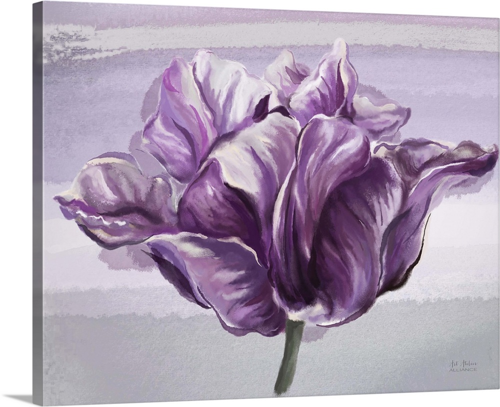 Contemporary home decor art of  purple flower against a light gray background.