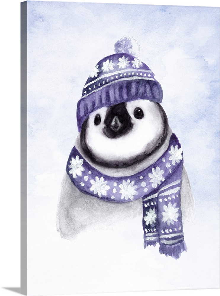 Adorable illustration of a Emperor Penguin chick wearing a purple winter hat and scarf.