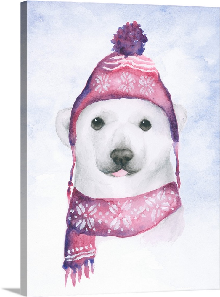 Adorable illustration of a little polar bear wearing a pink winter hat and scarf.