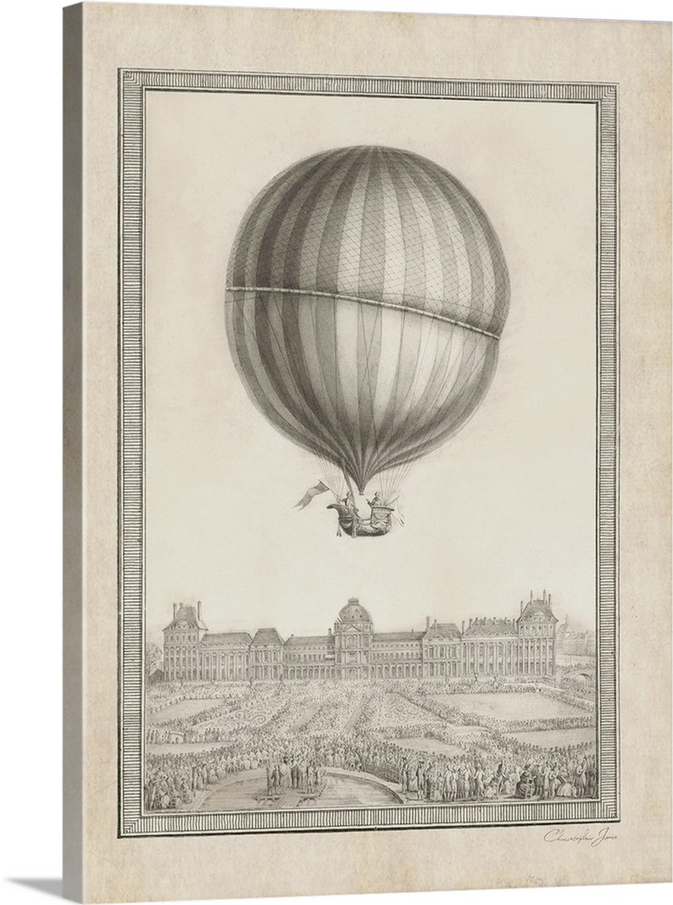 Vintage illustration of a hot air balloon floating above Paris in black, white, and sepia tones.