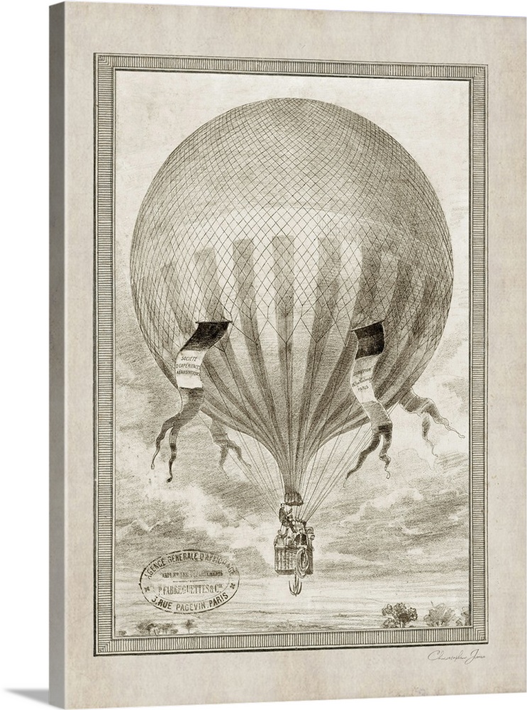 Vintage illustration of a hot air balloon floating over a countryside with flags blowing on the sides and words written in...