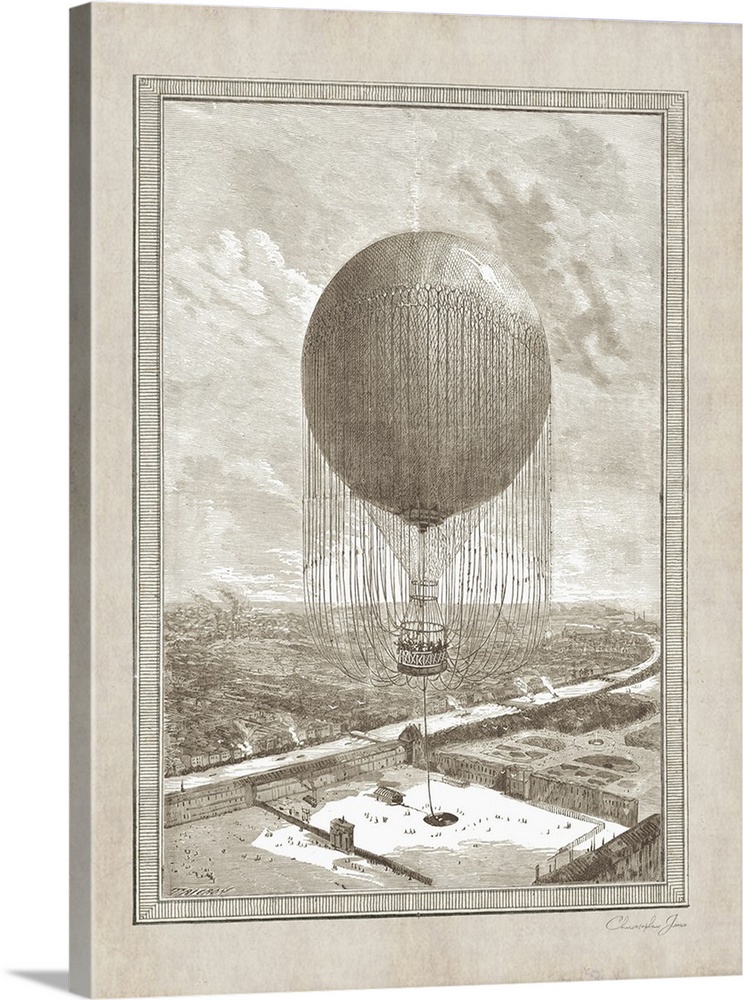 Vintage illustration of a hot air balloon floating over Paris with the Seine on the left.