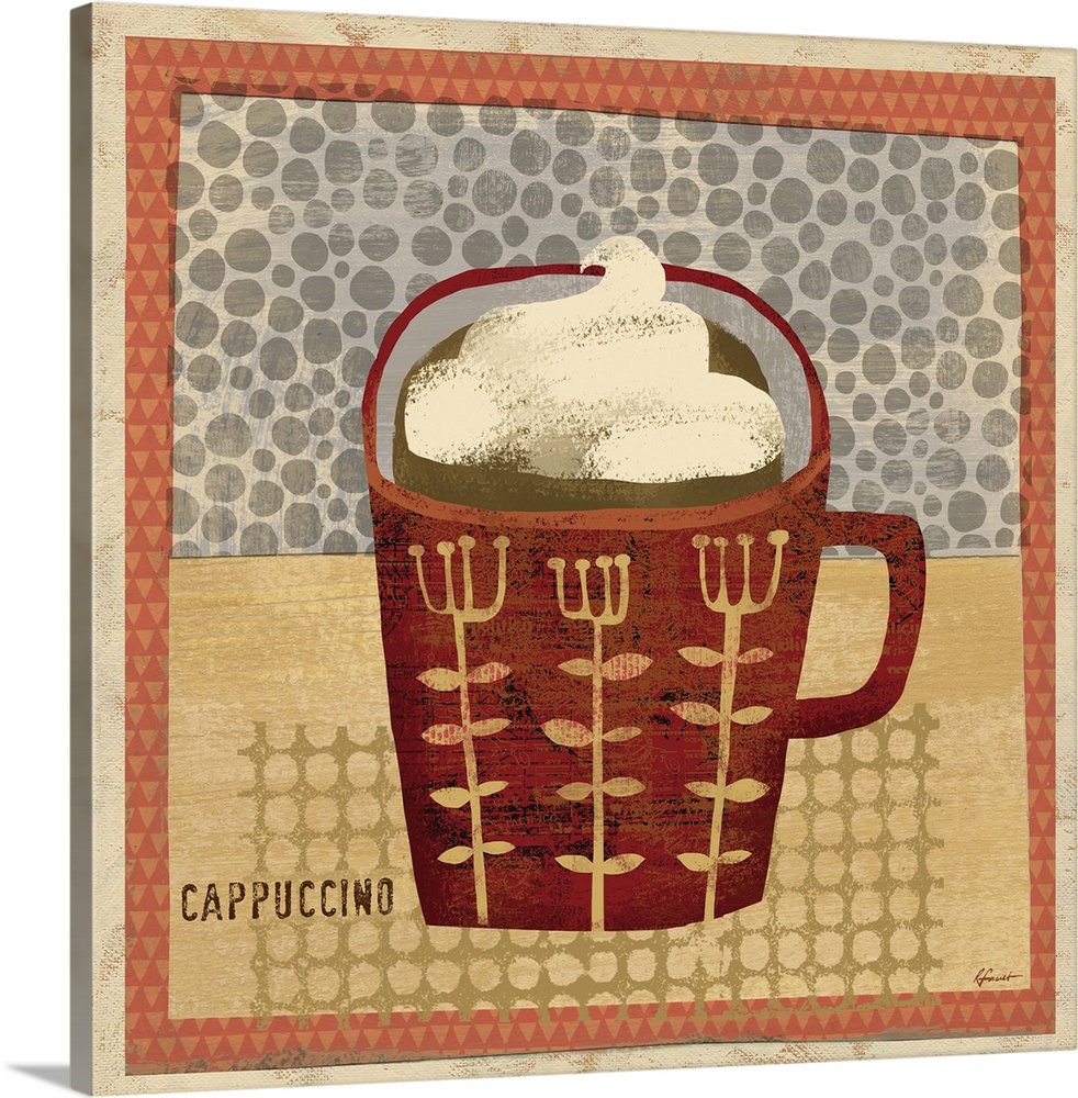 Contemporary artwork with a retro feel of a cup of coffee against a spotted background.
