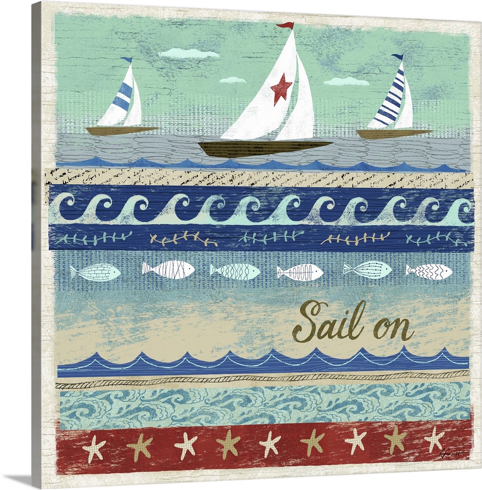 Contemporary artwork with a retro nautical feel of sailboats and different ocean wave patterns.