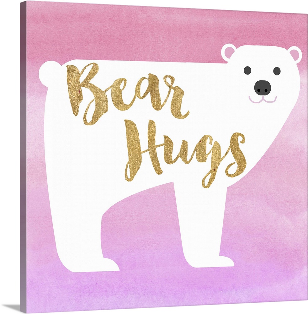 Watercolor illustration of a polar bear with "bear hugs" in gold lettering.