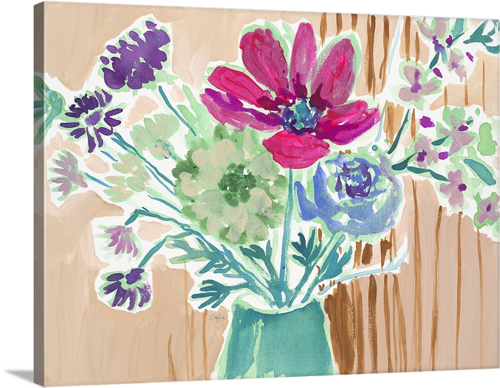 Watercolor painting of a bouquet of pink, green, and blue flowers on tan.