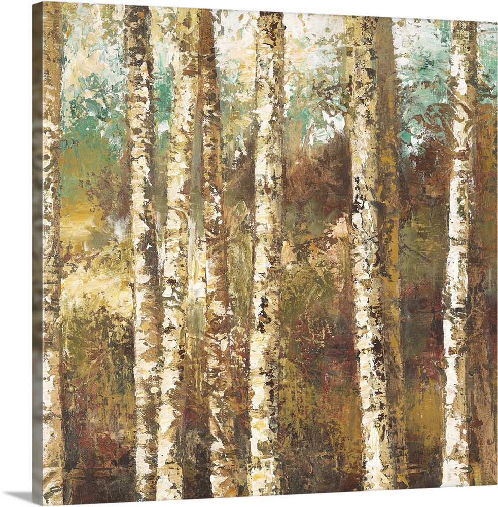 Contemporary painting of a forest of white birch trees.