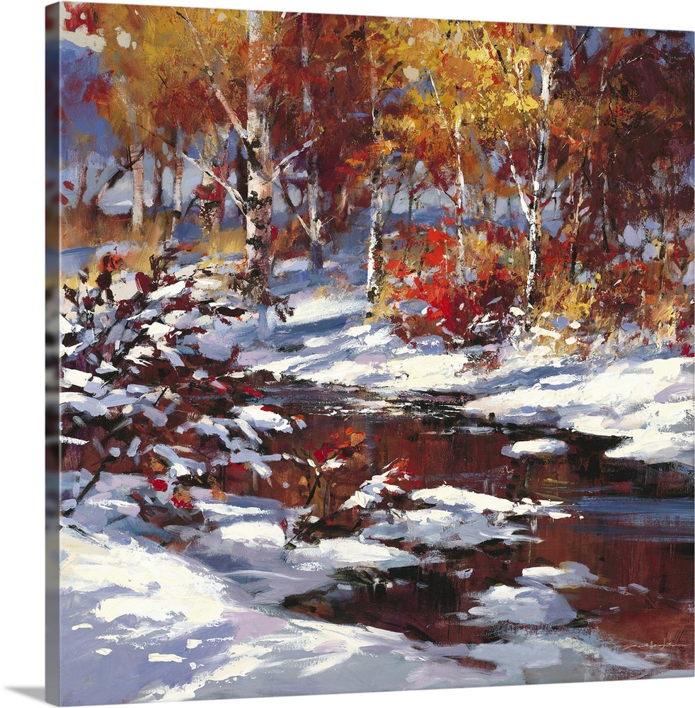 Contemporary painting of a stream running through a forest in winter.
