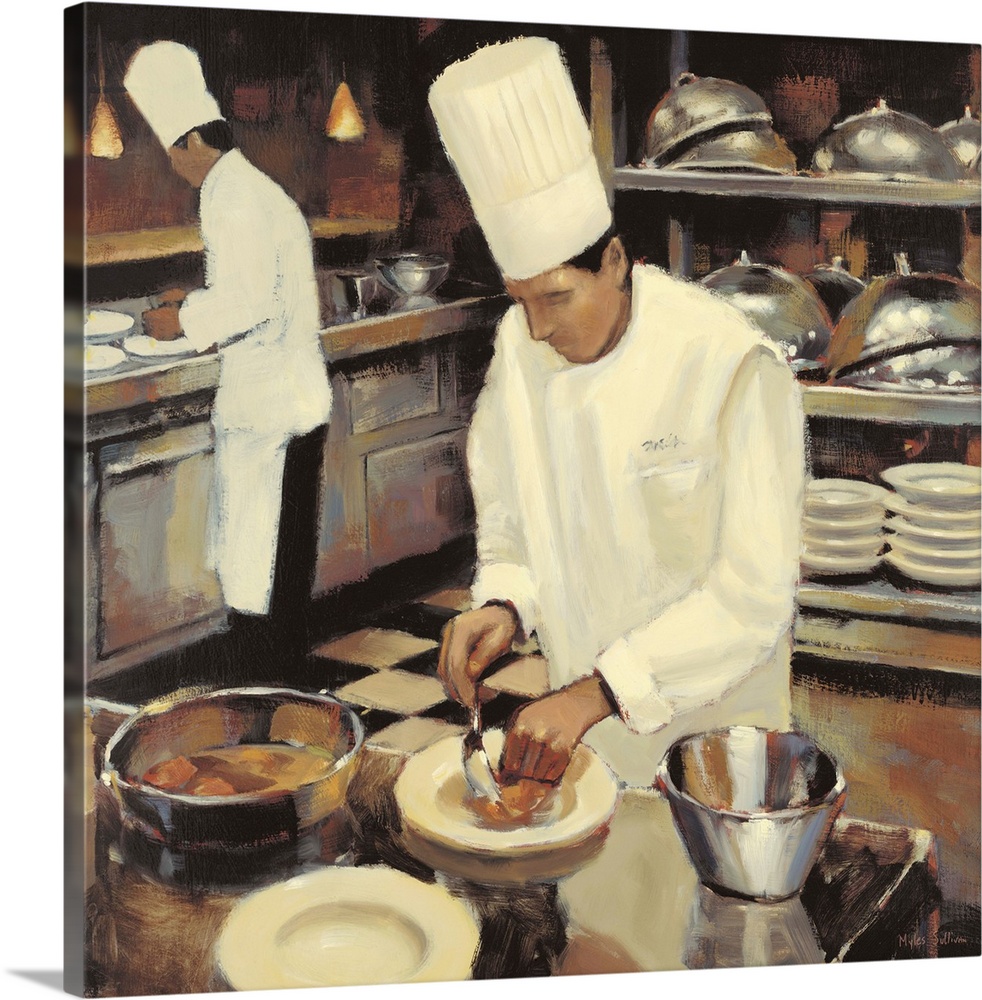 Contemporary painting of chefs preparing a gourmet meal.