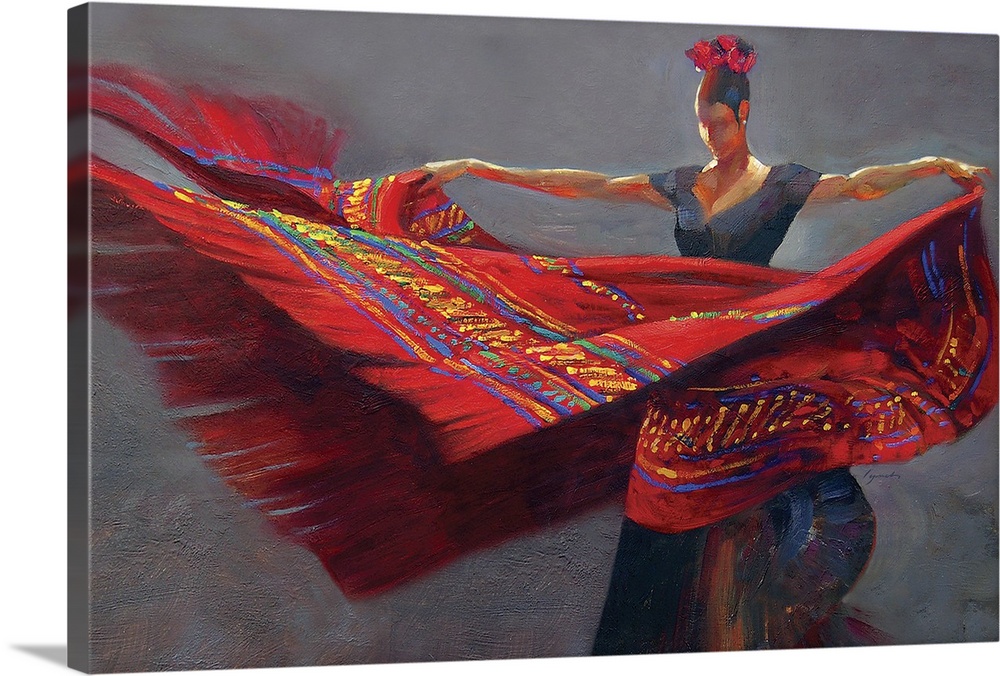 Contemporary painting of a woman holding a vibrant red blanket dancing.