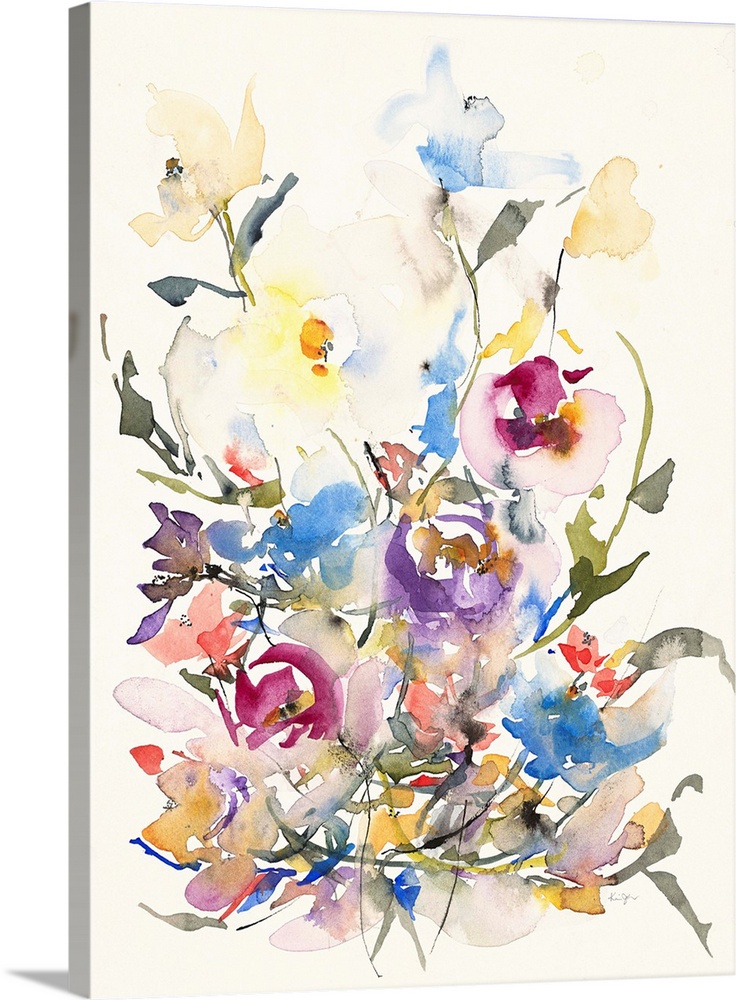 Watercolor artwork of an abundance of blooming flowers on off-white.
