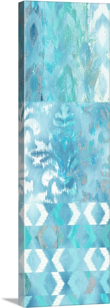 Large panel decor with ikat pattern in shades of blue, silver, and white.