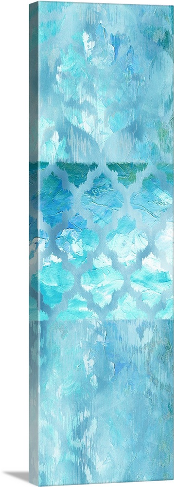 Large panel decor with ikat pattern in shades of blue, silver, and white.