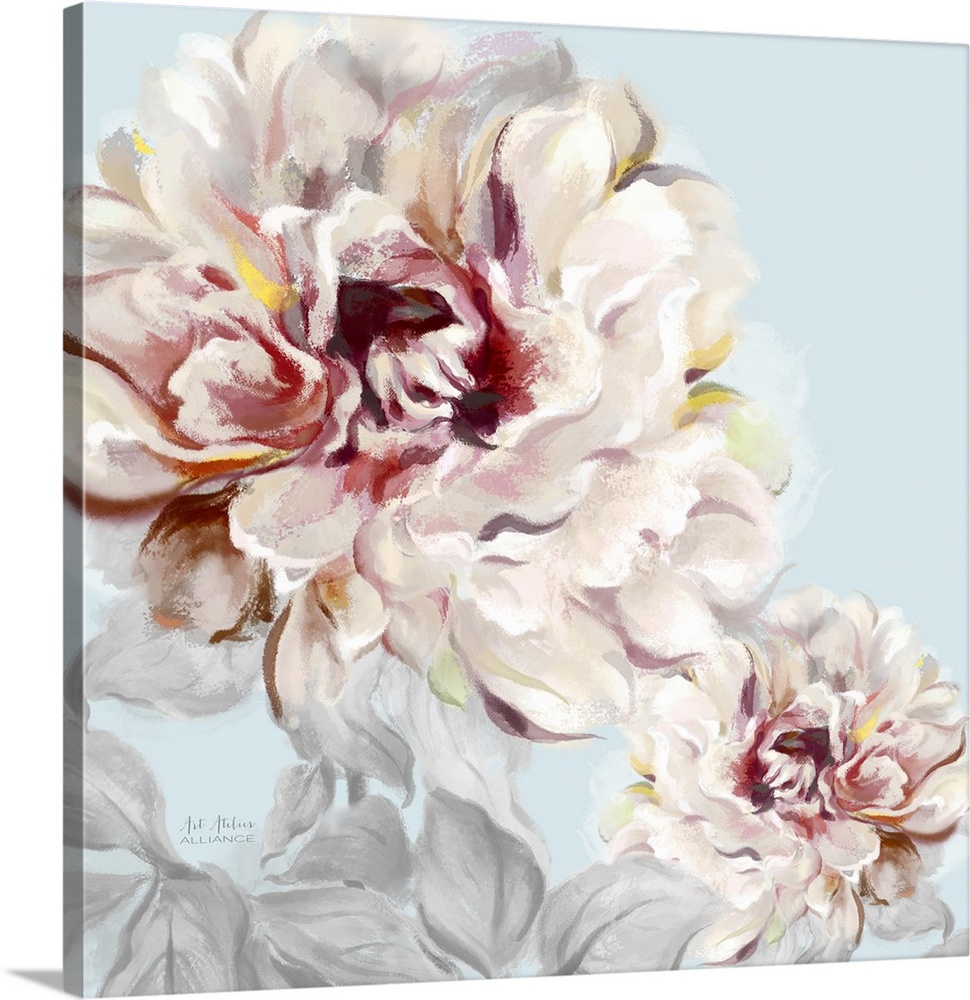 Home decor artwork of soft pink peonies against a pale blue background.