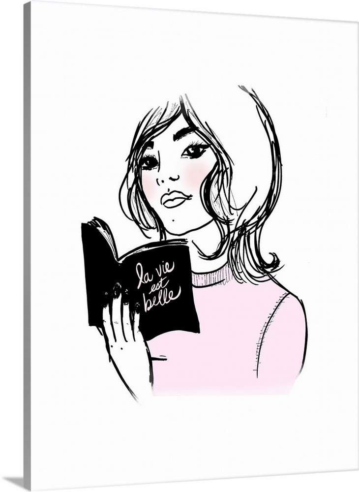 Illustration of a woman reading a book titled "la vie est belle" in black, white, and pink hues.
