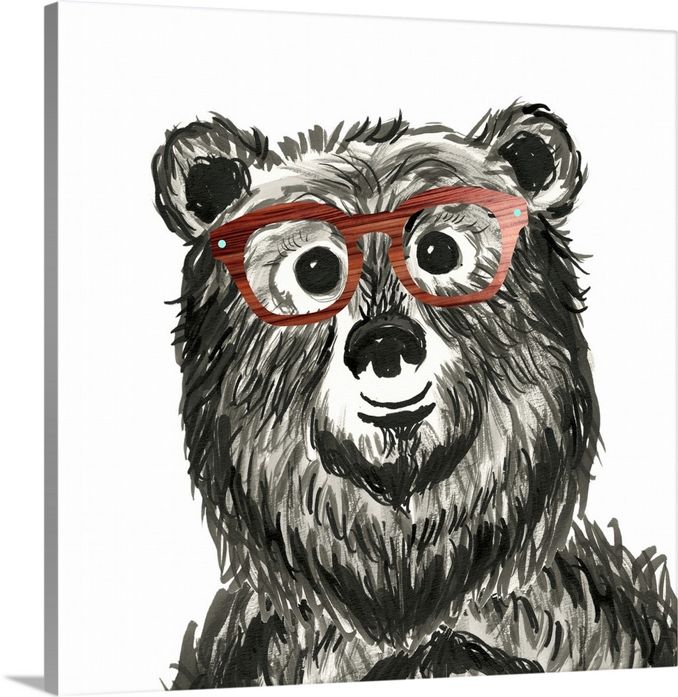 Black and white illustration of a whimsical bear wearing wood grain glasses on a square background.