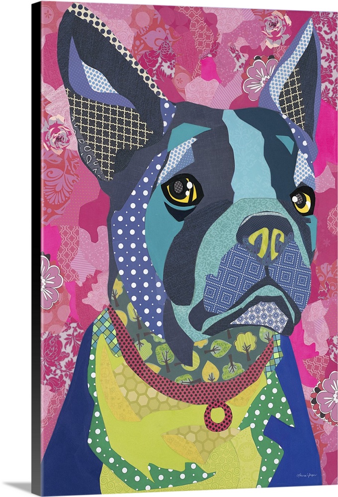 Colorful collage artwork of Boston Terrier.