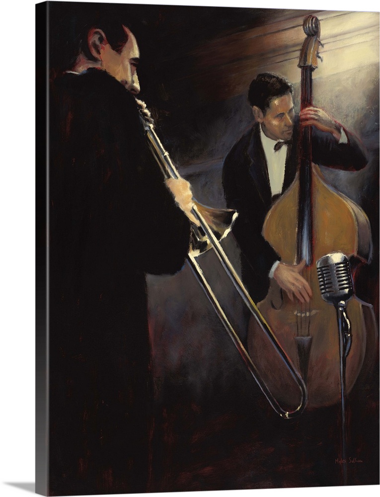 Contemporary painting of two musicians, one playing a trombone and one playing the bass.