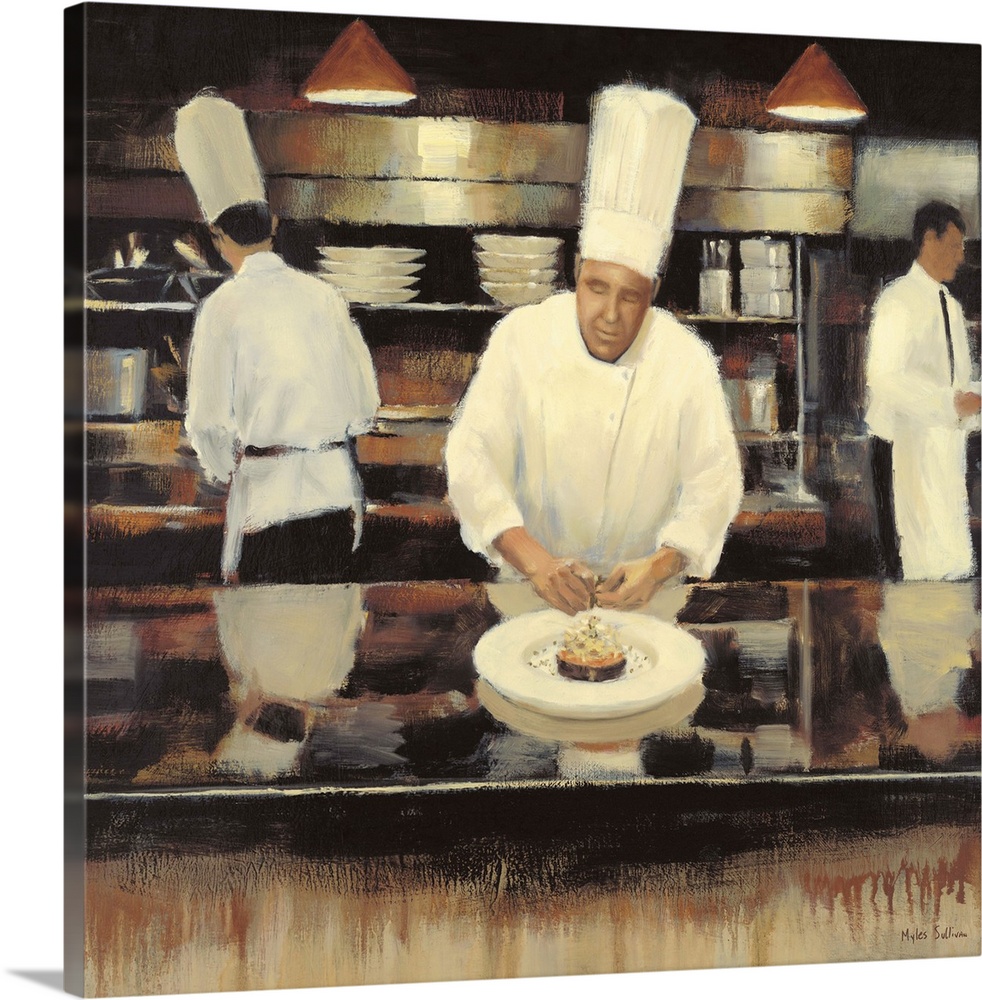Contemporary painting of chefs preparing a gourmet meal and a waiter.